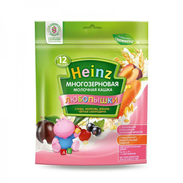 Многозерновая кашка Heinz фруктово - молочная слива, морковь, вишня, черная смородина (12+ мес.), 200г