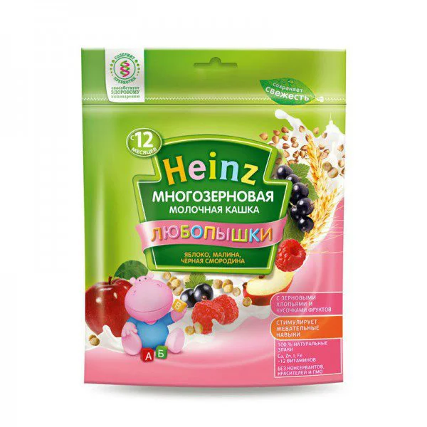 Многозерновая кашка Heinz фруктово-молочная яблоко, малина, черная смородина (12+ мес.), 200г foto