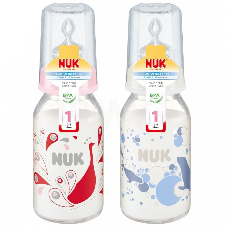 image for Бутылочка стеклянная NUK с силиконовой соской (0-6 мес.), 125 мл foto