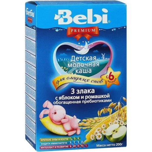 Terci din 3 cereale cu lapte Bebi Premium cu mere si romanita (6+ luni), 200 g