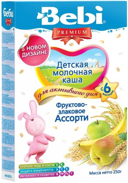 Terci cu lapte Bebi Premium cu fructe si cereale asortate (6+ luni), 250 g
