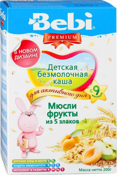 Terci din 5 cereale fara lapte Bebi Premium cu muesli si fructe (9+ luni), 200 g