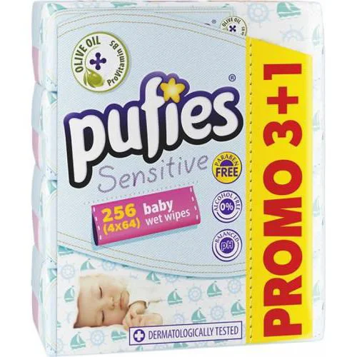 Servetele umede Pufies Sensitive, 4x64 buc. foto