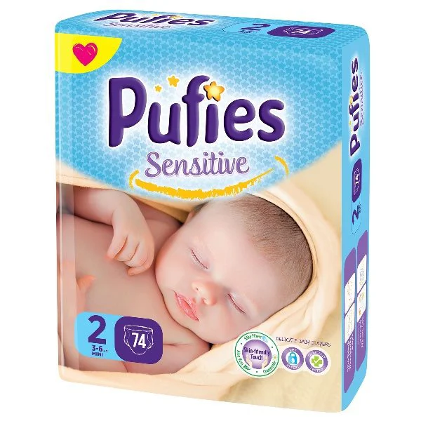 Scutece Pufies Sensitive 2 (3-6 kg), 74 buc.