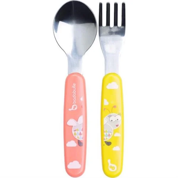 Set lingurita si furculita de inox Badabulle Pink