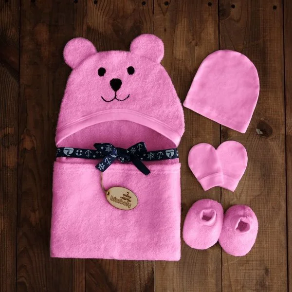 Set cadou Bimboly Prosop roz cu gluga si manusa de baie, 75x100 cm foto