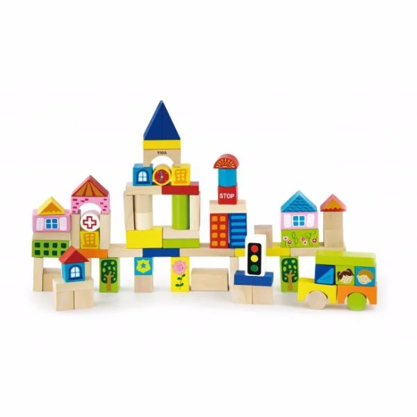 Set de constructie din lemn educativ Viga Toys City, 75 piese