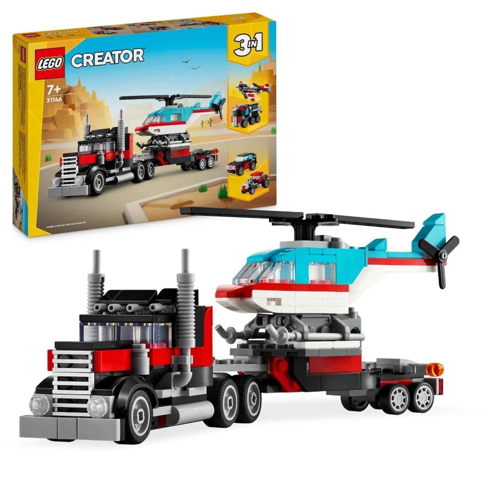 Set de constructie 3 in 1 LEGO Creator Camioneta-platforma cu elicopter, 270 el. foto