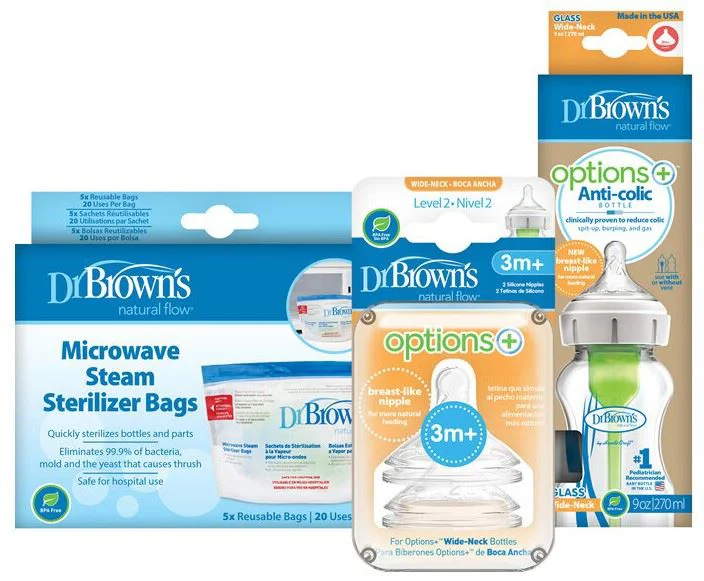 Set Dr. Brown's biberon din sticla 270 ml + tetine nivel 2, 2 buc. + pungi sterilizatoare, 5 buc.