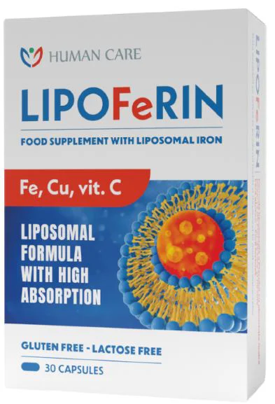 image for Supliment alimentar Lipoferin Human Care (Fe lipozomal 14mg, Vit.C, B2, Cu), 30 capsule foto