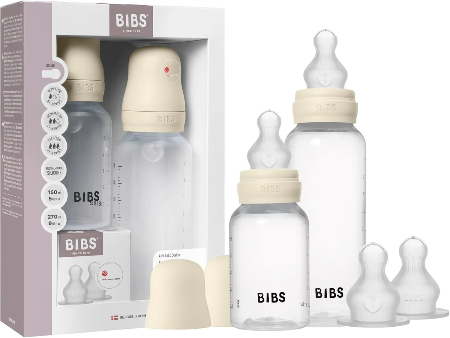 image for Set BIBS Grow & Flow Ivory (2 biberoane cu tetine din silicon - flux incet, mediu si rapid) foto