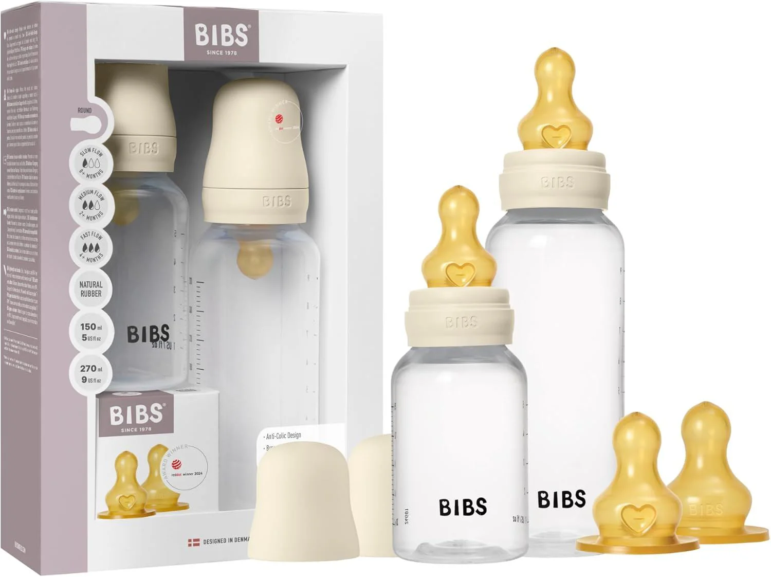 image for Set BIBS Grow & Flow Ivory (2 biberoane cu tetine din latex - flux incet, mediu si rapid) foto