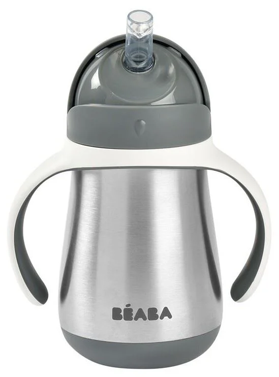 image for Cana din inox cu pai Beaba Mineral Grey, 250 ml foto