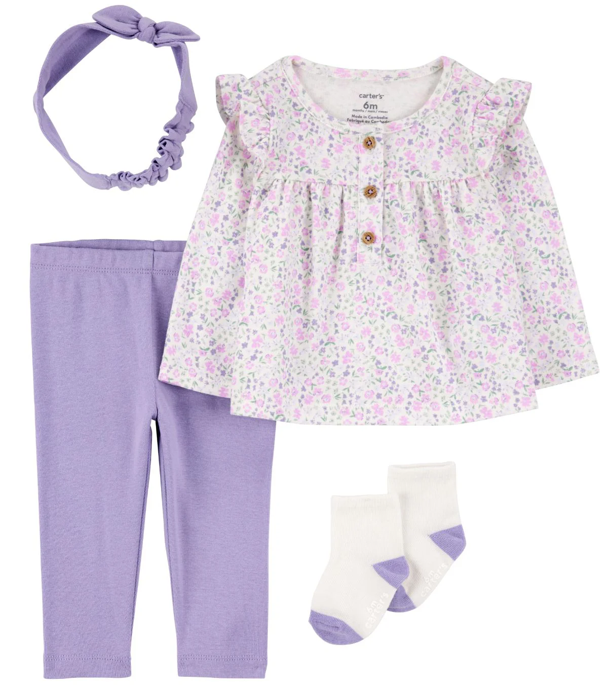 image for Carter's Set 4 piese Purple-Ditsy Floral - pantaloni, bluza, caciulita si sosete foto