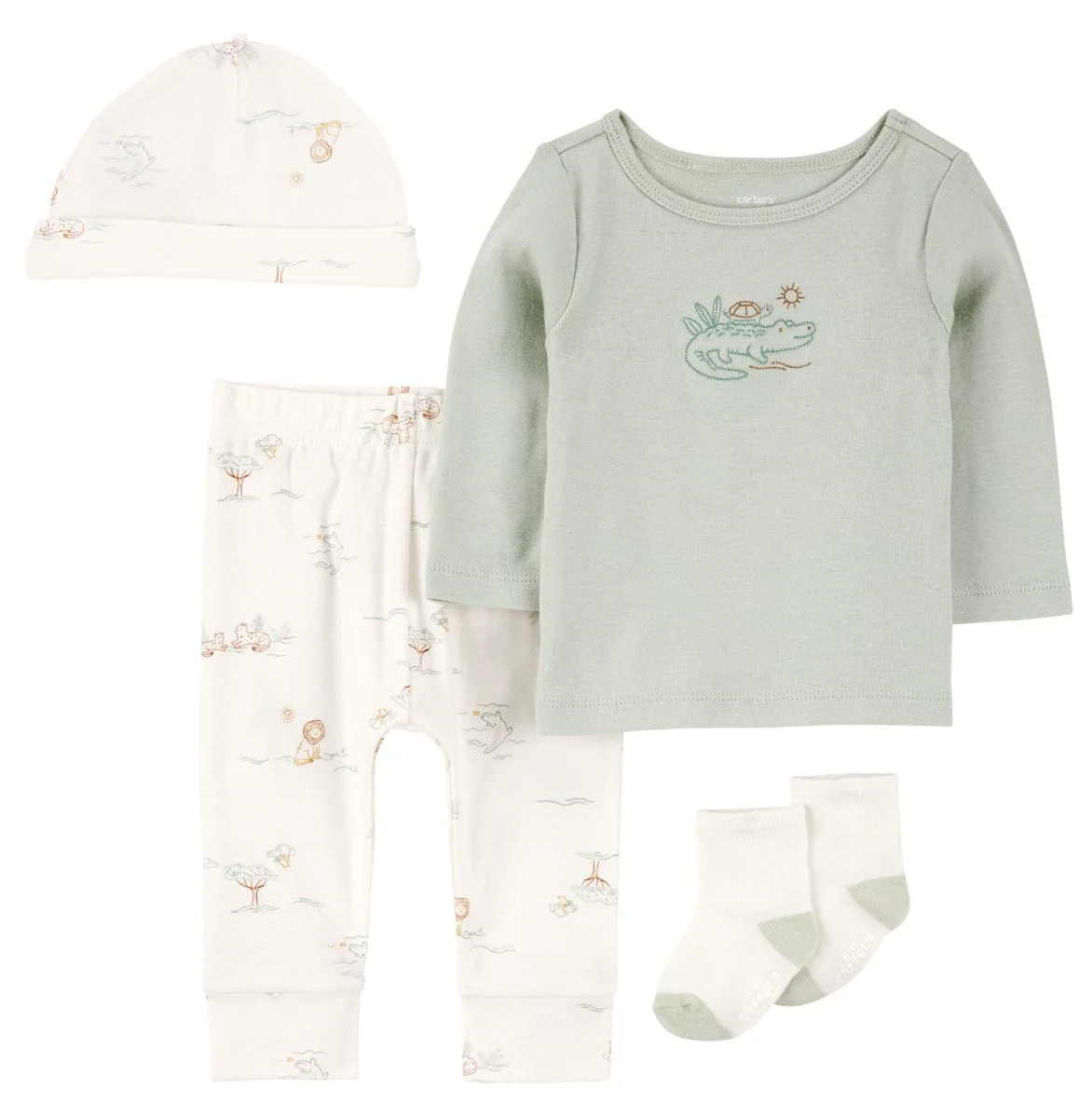 Carter's Set 4 piese Green Turtle - Pantaloni, bluza, caciulita si sosete foto
