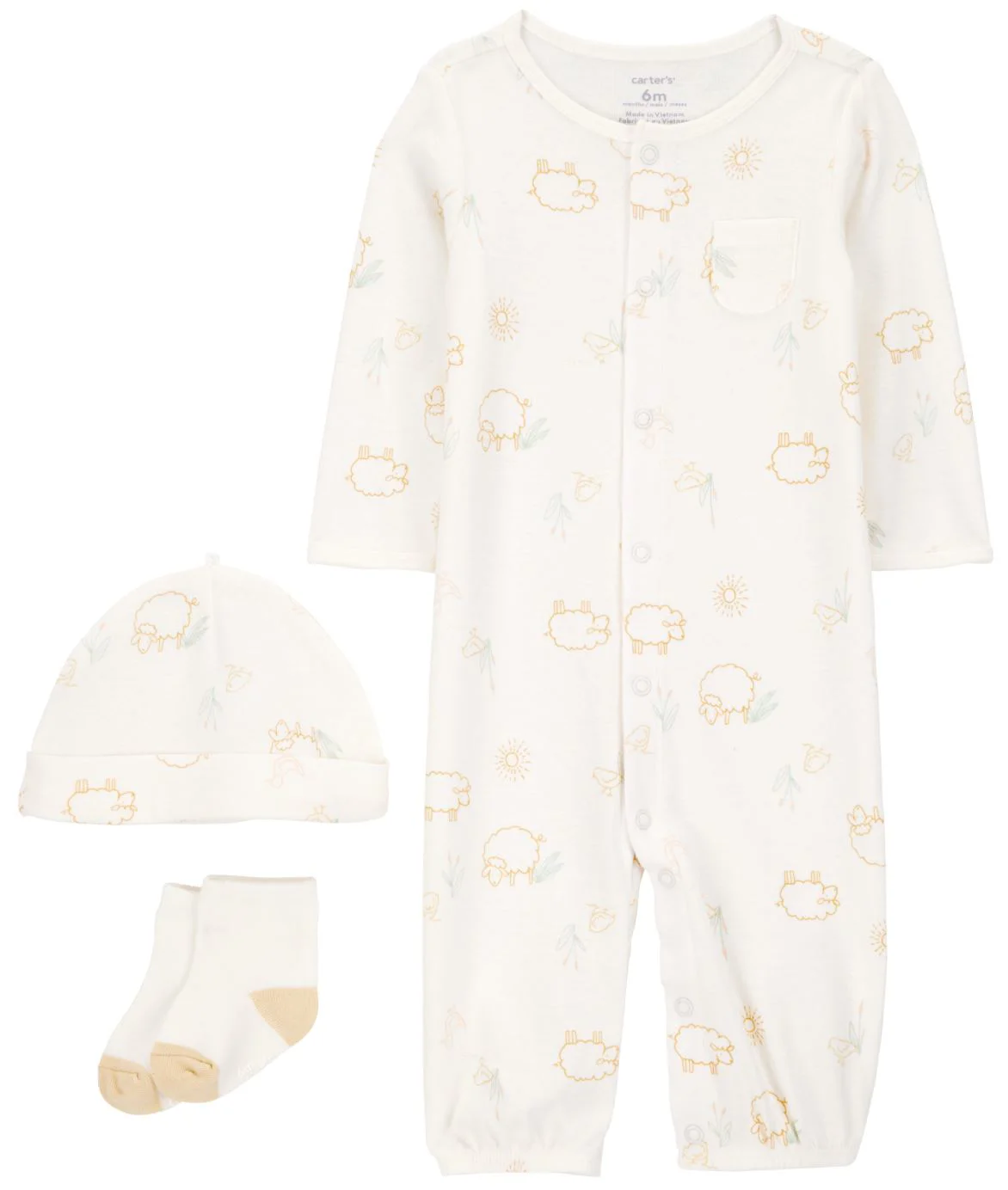 Carter's Set 3 piese Ivory Chick-Sheep - Pijama transformabila, caciulita si sosete foto