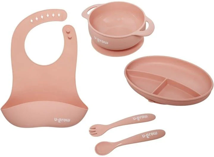 image for Набор из силикона: слюнявчик, миска, тарелка, ложка и вилка U-Grow Pink, 5 предметов foto
