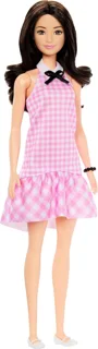 Papusa Barbie "Fashionista in rochie roz in carouri" foto