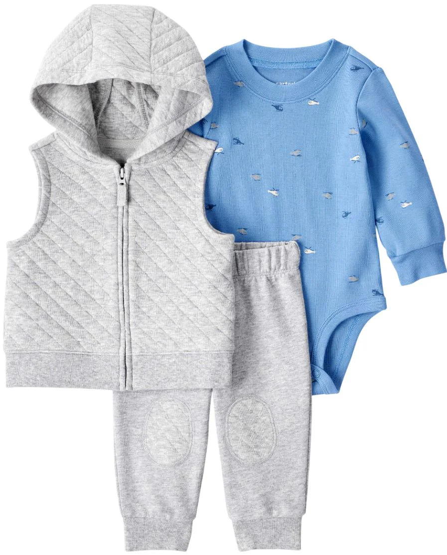 Carter's Set 3 piese Gray Helicopter - vesta cu gluga, pantaloni asortati si body foto