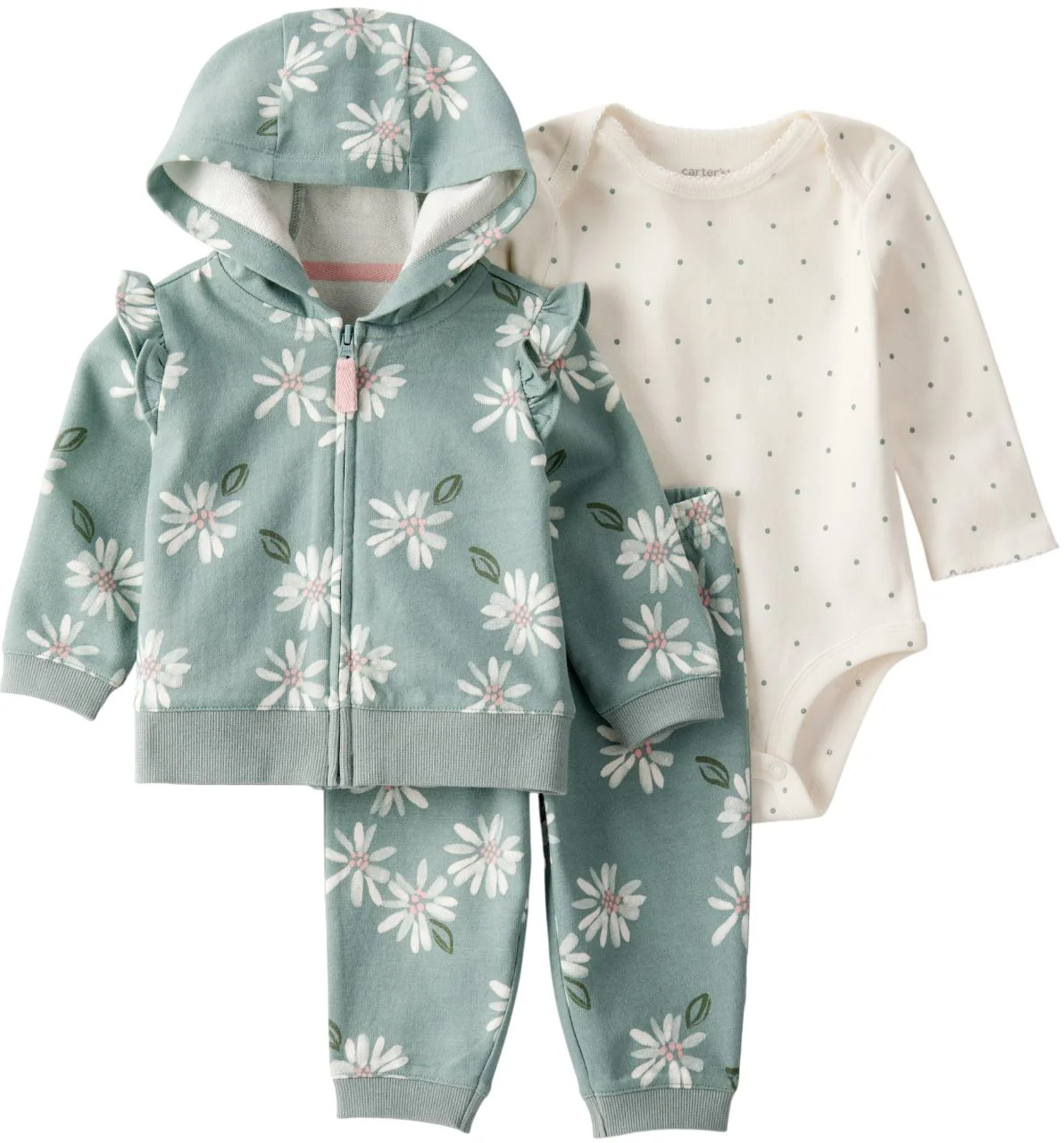 image for Carter's Set 3 piese Mint Green Floral - vesta cu gluga, pantaloni asortati si body foto