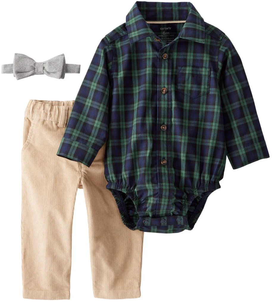 Carter's Set 3 piese Ivory Plaid - papion, body cu maneca lunga si pantaloni foto