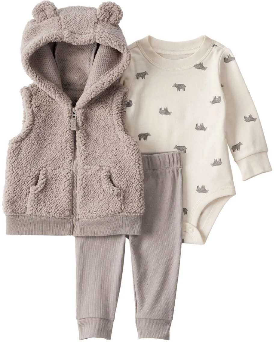 image for Carter's Set 3 piese Tan Sherpa Bear - vesta cu gluga, pantaloni asortati si body foto