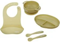 Set din silicon: baveta, bol, farfurie, lingurita si furculita U-Grow Olive, 5 piese foto