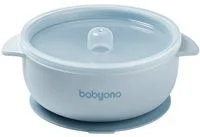 Bol din silicon cu ventuza si capac BabyOno Blue
