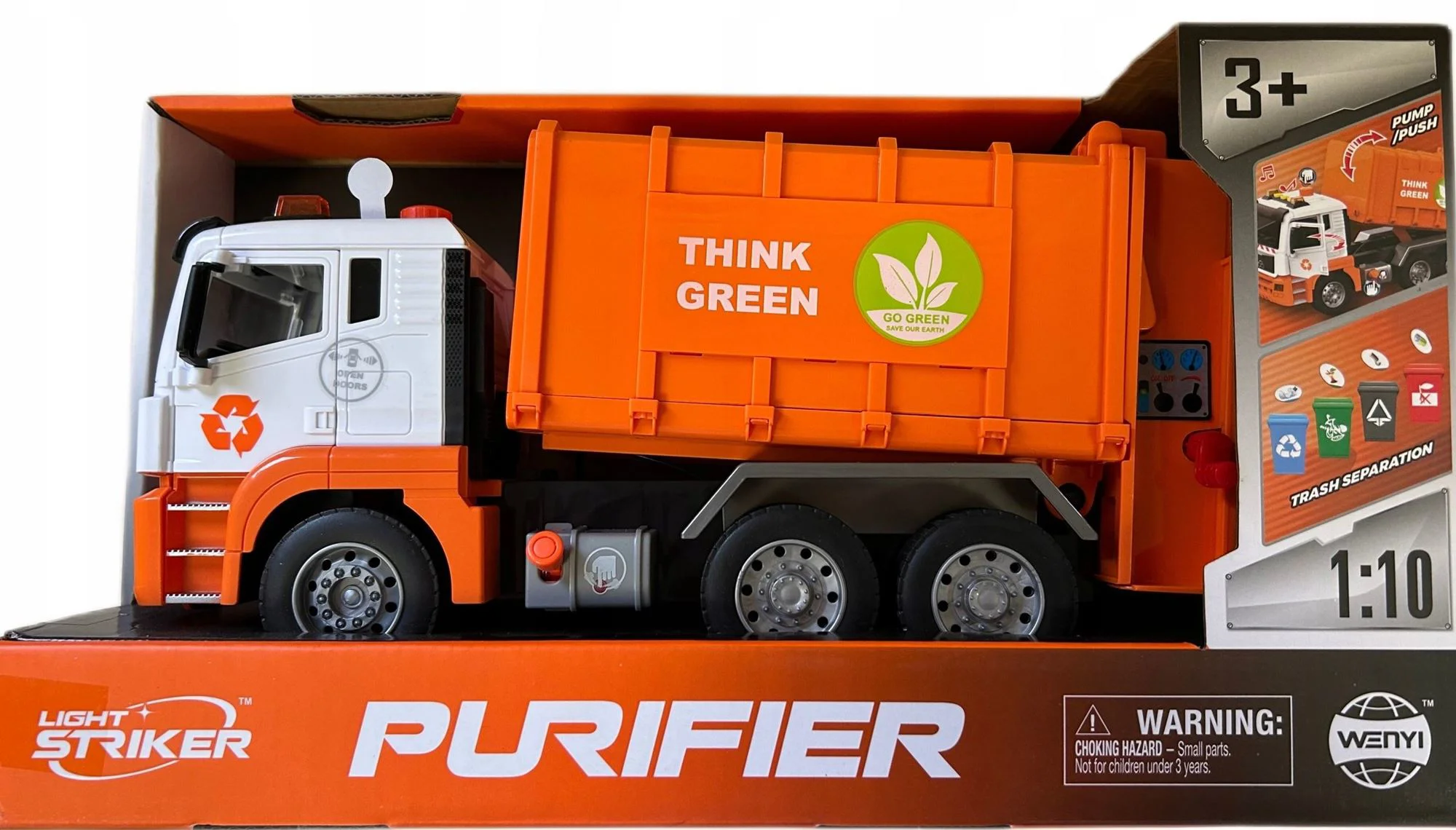 Camion de gunoi cu inertie Wenyi Think Green cu lumina si sunet, 1:10 foto