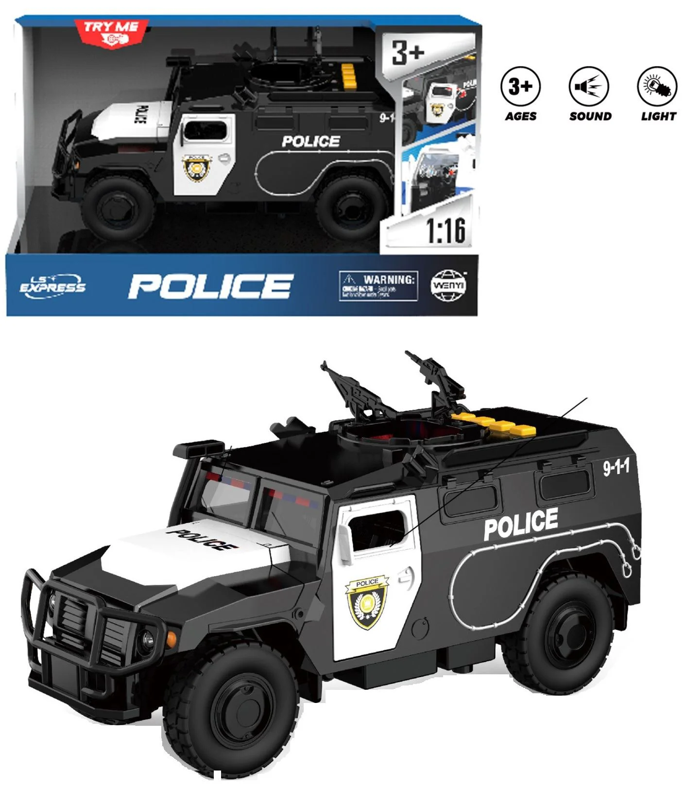 Jeep de politie cu inertie Wenyi cu lumini, sunete si usi mobile, 1:16 foto