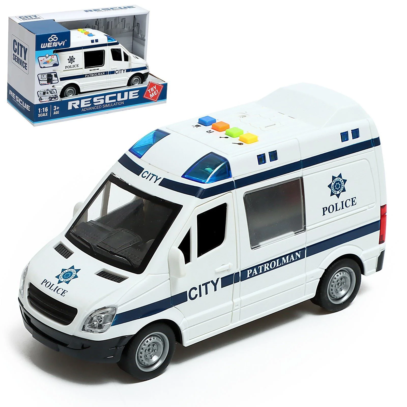 image for Masina de politie cu inertie Wenyi cu lumini, sunete si usi mobile, 1:16 foto