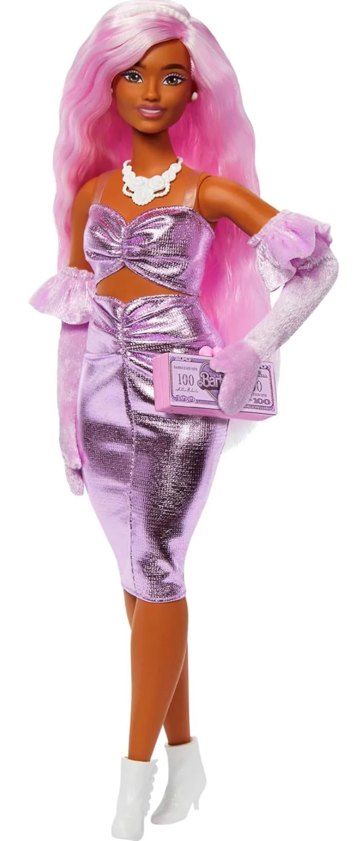 Papusa Barbie Fashionista in rochie roz lucioasa foto