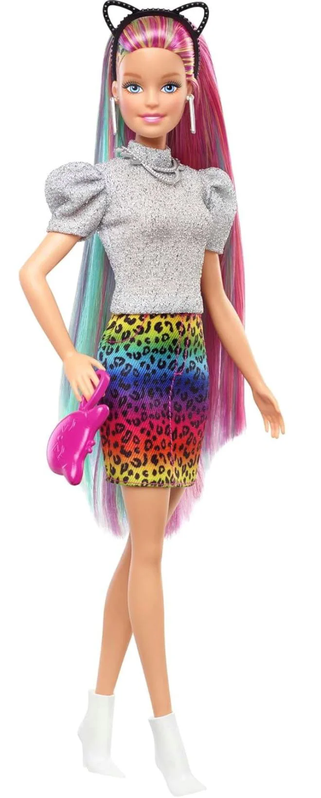 Papusa Barbie cu aspect de leopard cu par in nuante de curcubeu foto