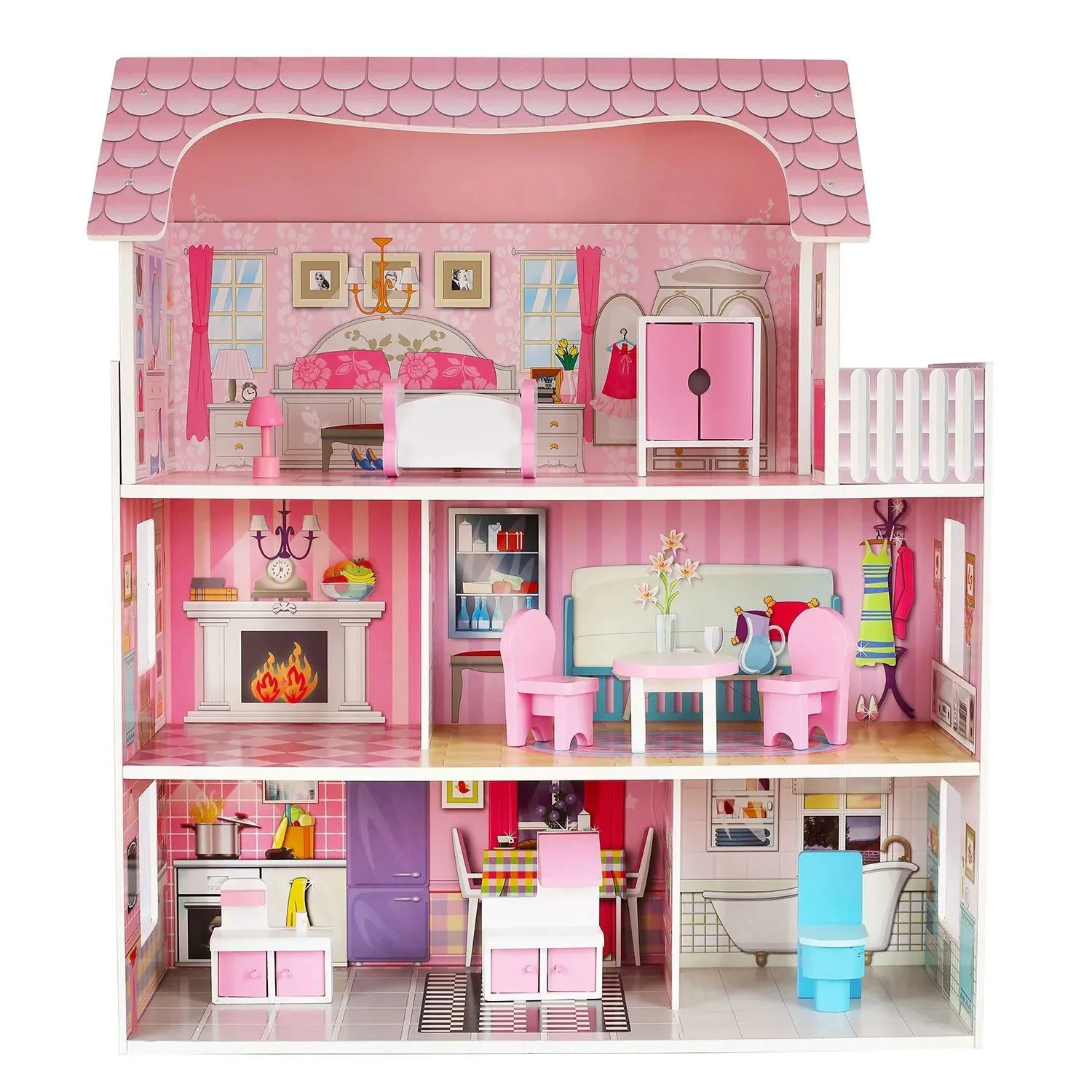 Casuta din lemn pentru papusi cu 3 etaje si 8 accesorii mobilier foto