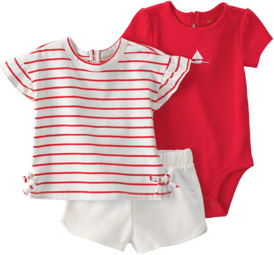 Carter's Set 3 piese Red Stripe - tricou, body si pantaloni scurti din bumbac foto