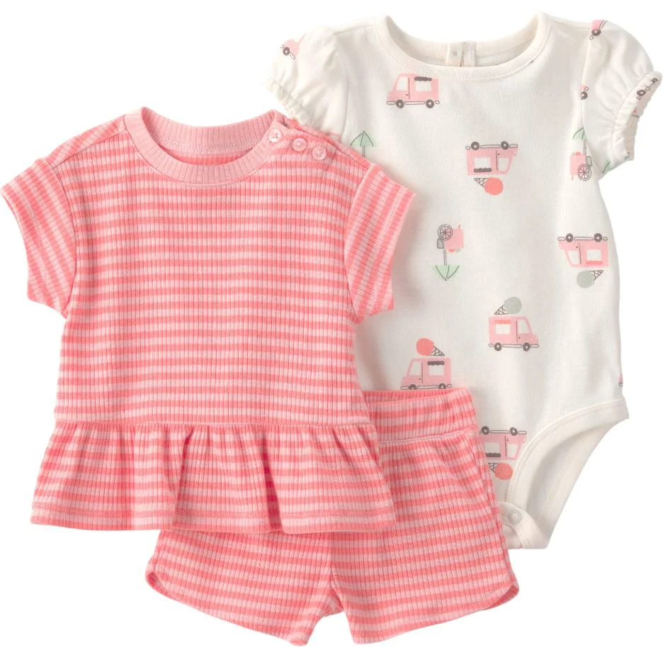 Carter's Set 3 piese Pink Stripes Ice Cream - tricou, body si pantaloni scurti foto