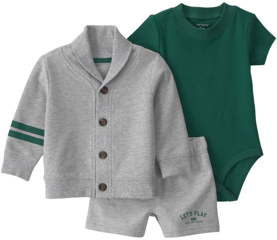 image for Carter's Set 3 piese Gray&Green Varsity - cardigan, body si pantaloni scurti foto