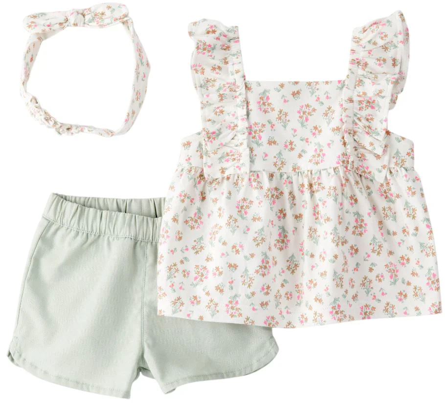 Carter's Set 3 piese Green Floral - bentita, top cu volane si pantaloni scurti foto