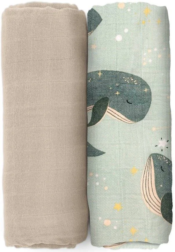 image for Набор 2 муслиновые пелёнки из бамбука Petite&Mars Misty Whale Song, 120x120 см foto