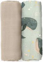 Set 2 pelinci din muselina de bambus Petite&Mars Misty Whale Song, 120x120 cm foto