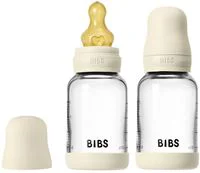 Set 2 biberoane din sticla BIBS Ivory cu tetina din latex flux lent, 120 ml