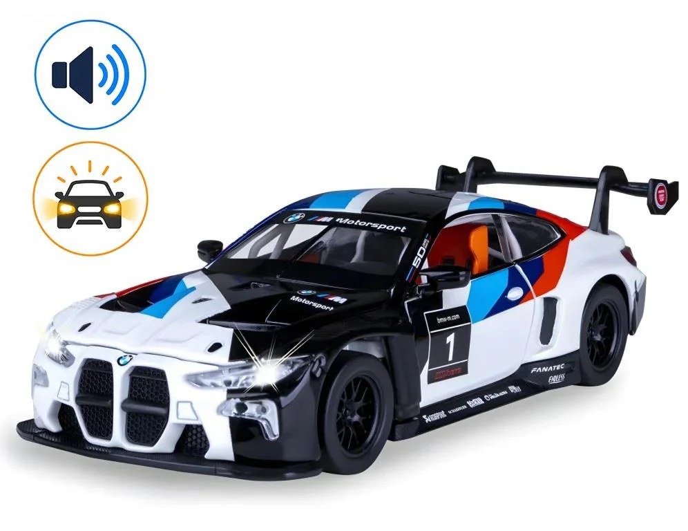 image for Металлическая машинка BMW M4 GT3 с инерционным механизмом, светом и звуком, Черная, масштаб 1:24 foto