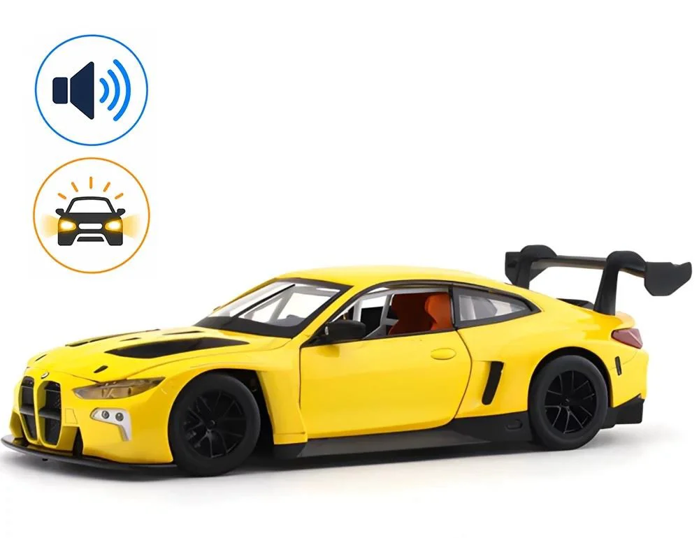 image for Металлическая машинка BMW M4 GT3 с инерционным механизмом, светом и звуком, Желтая, 1:24 foto