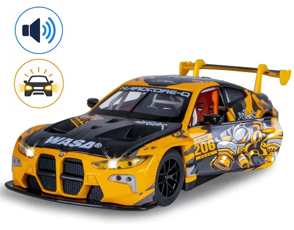 image for Металлическая машинка BMW M4 GT3 с инерционным механизмом, светом и звуком, Желтая, 1:24 foto