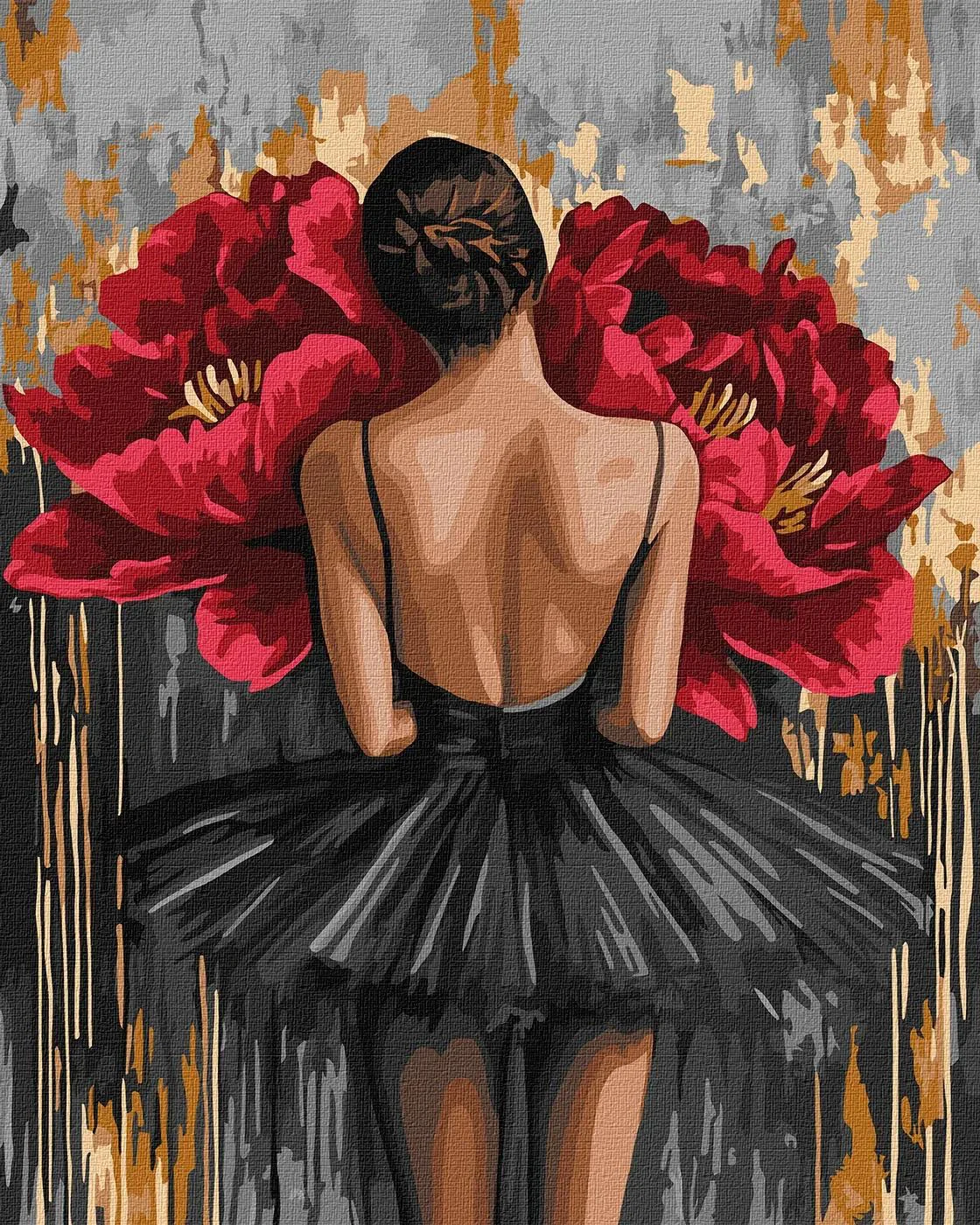 image for Pictura pe numere Balerina cu bujori rosii, cu vopsele metalice, 40×50 cm foto