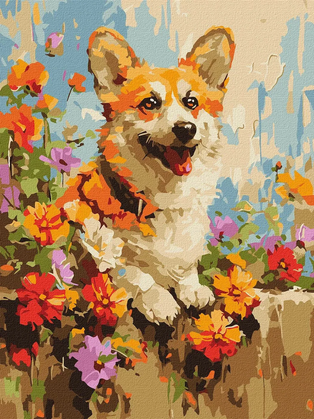 image for Pictura pe numere Corgi printre flori, 30x40 cm foto