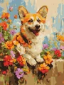Pictura pe numere Corgi printre flori, 30x40 cm foto
