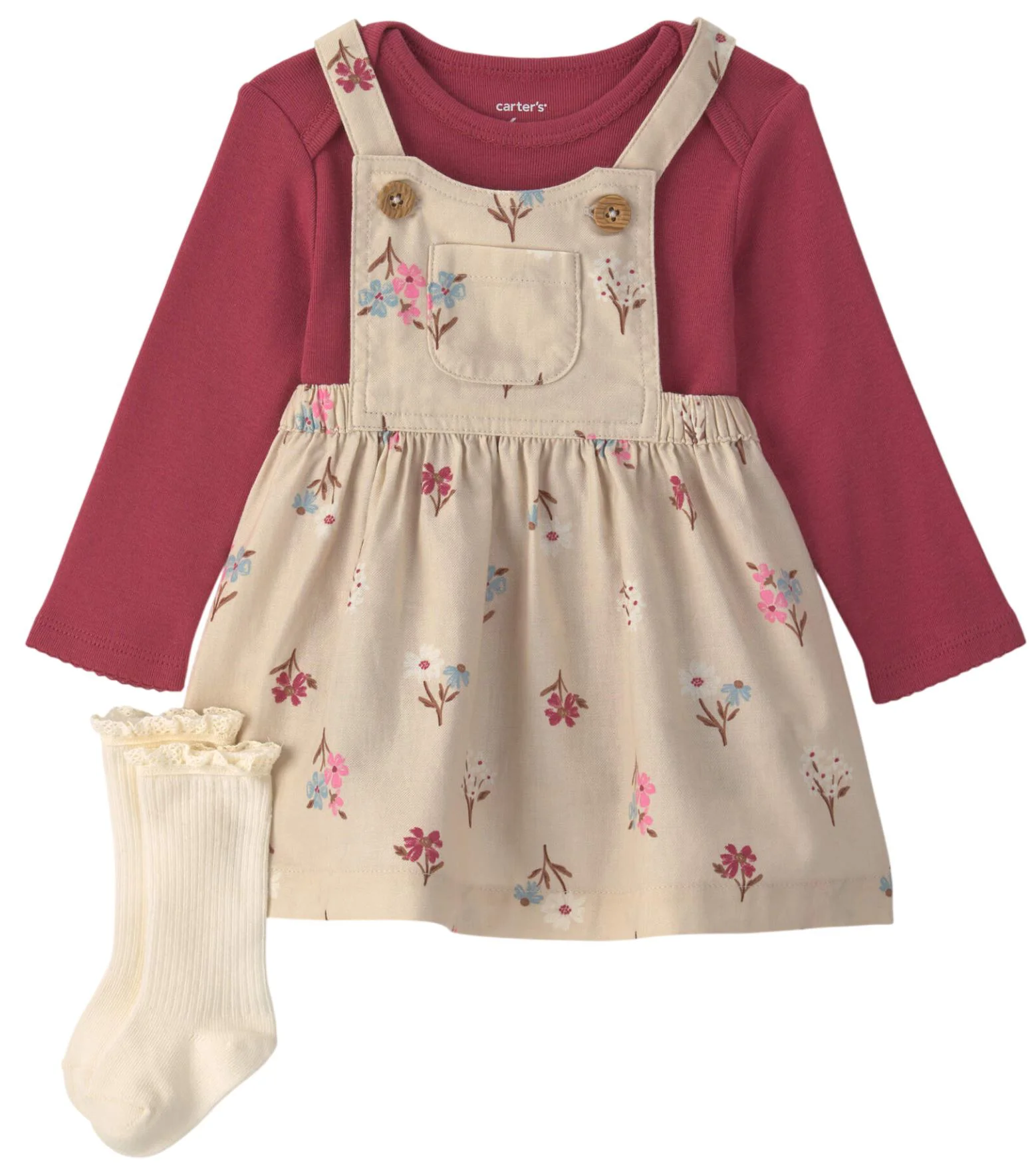 Carter's Set 3 piese Burgundy - salopeta tip rochita, body si o pereche de sosete foto