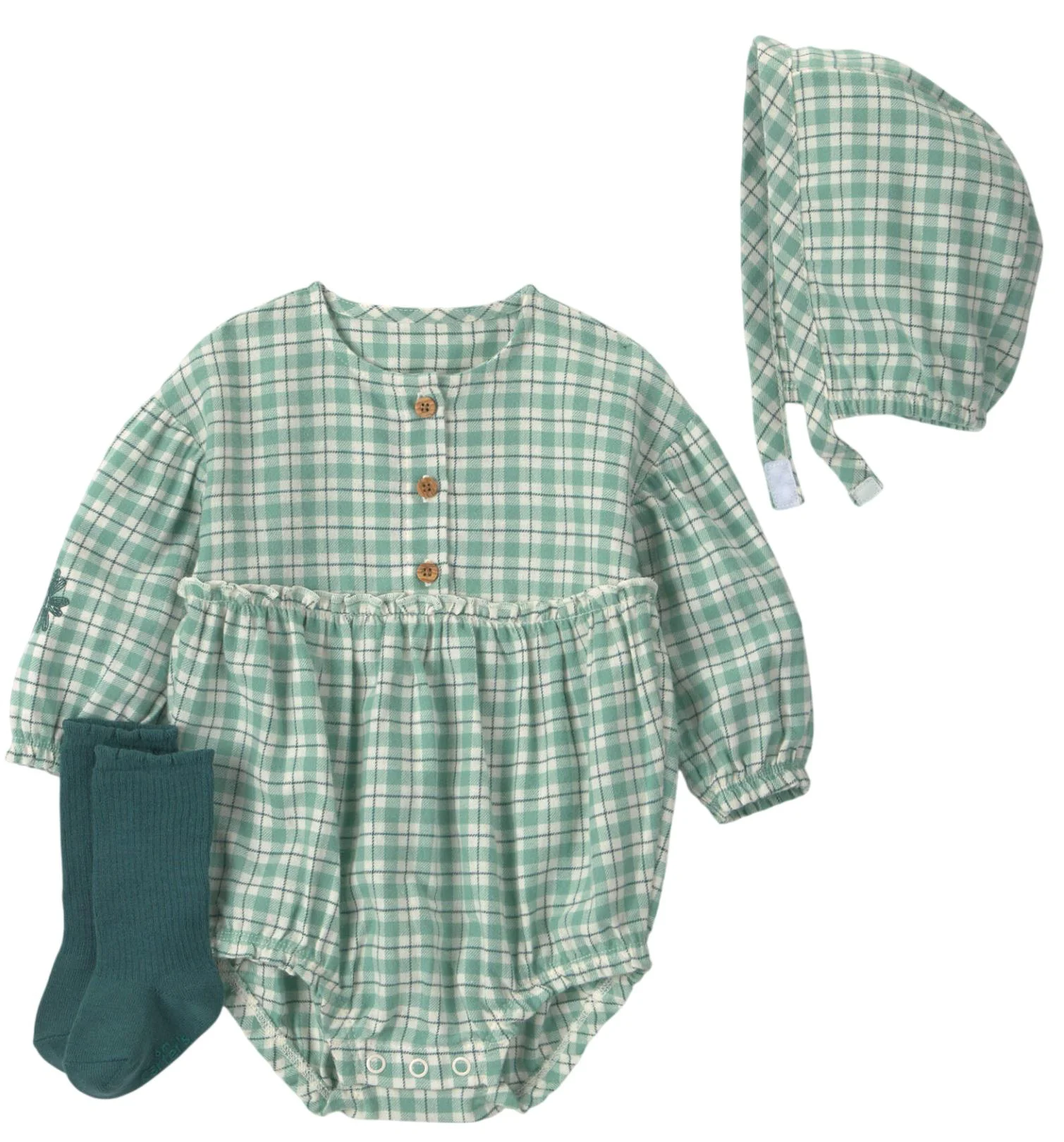 Carter's Set 3 piese Green - boneta, sosete si salopeta scurta foto