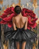 Pictura pe numere Balerina cu bujori rosii, cu vopsele metalice, 40×50 cm foto